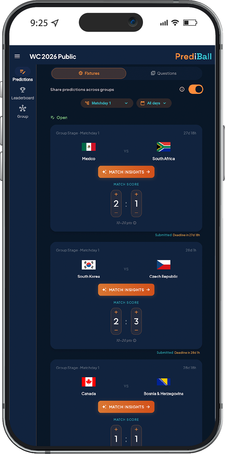 PrediBall app showing match predictions on a phone