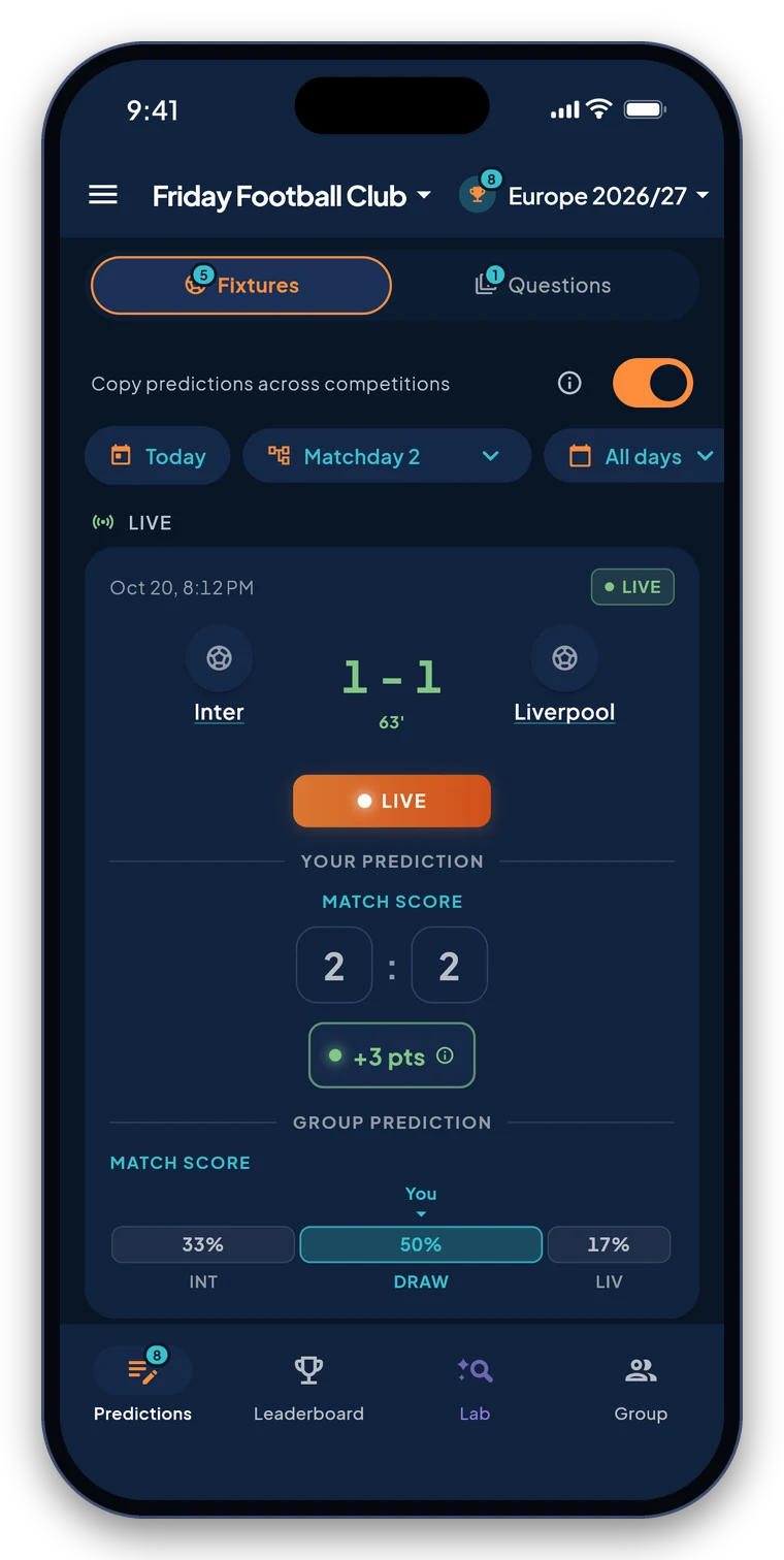 PrediBall on a phone: a live match and the points your pick is earning