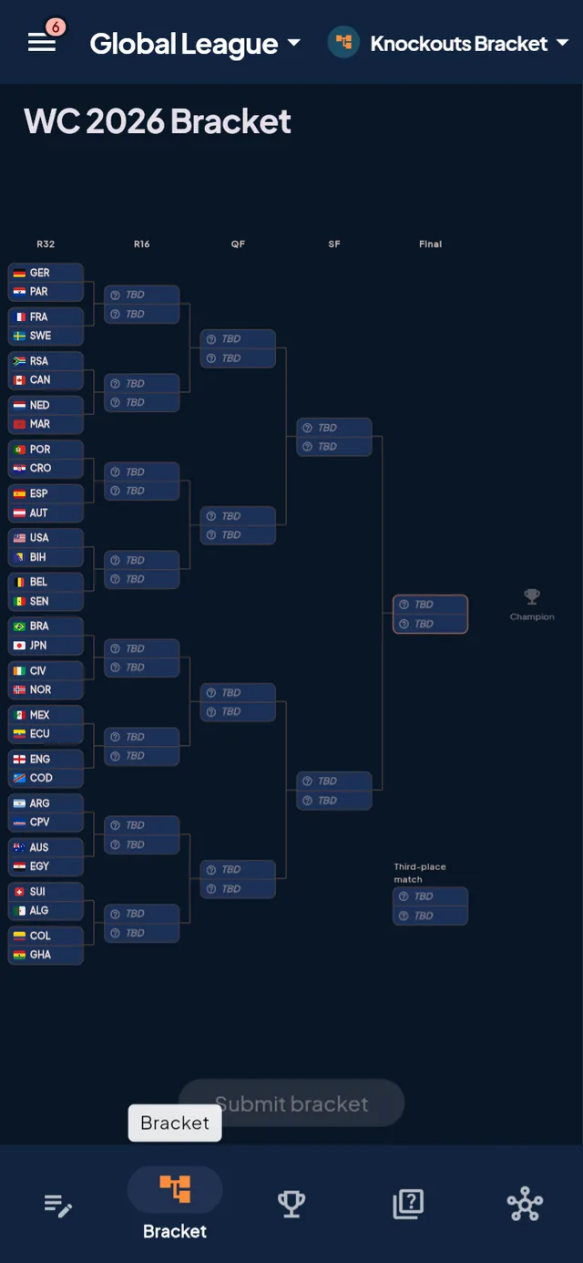 Interactive knockout bracket with team flags from the round of 32 to the final