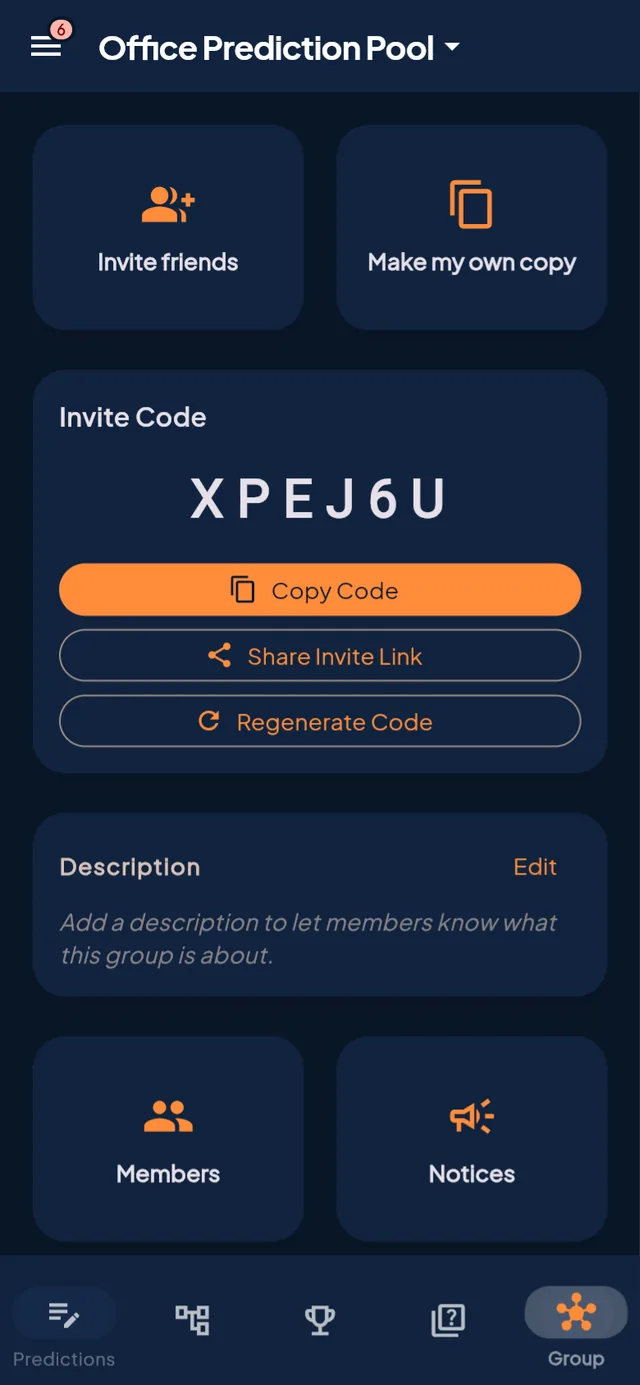 Group hub with invite code, share link, members and notices