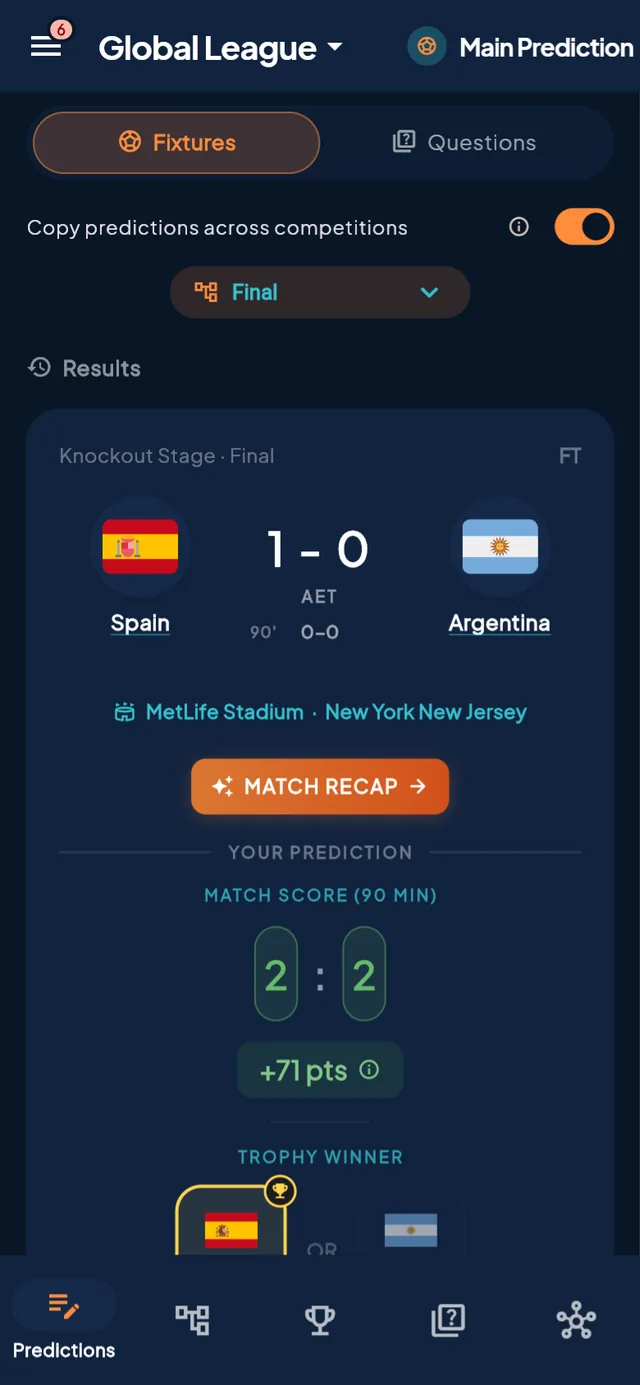A scored final: correct 2-2 call highlighted with +71 points earned