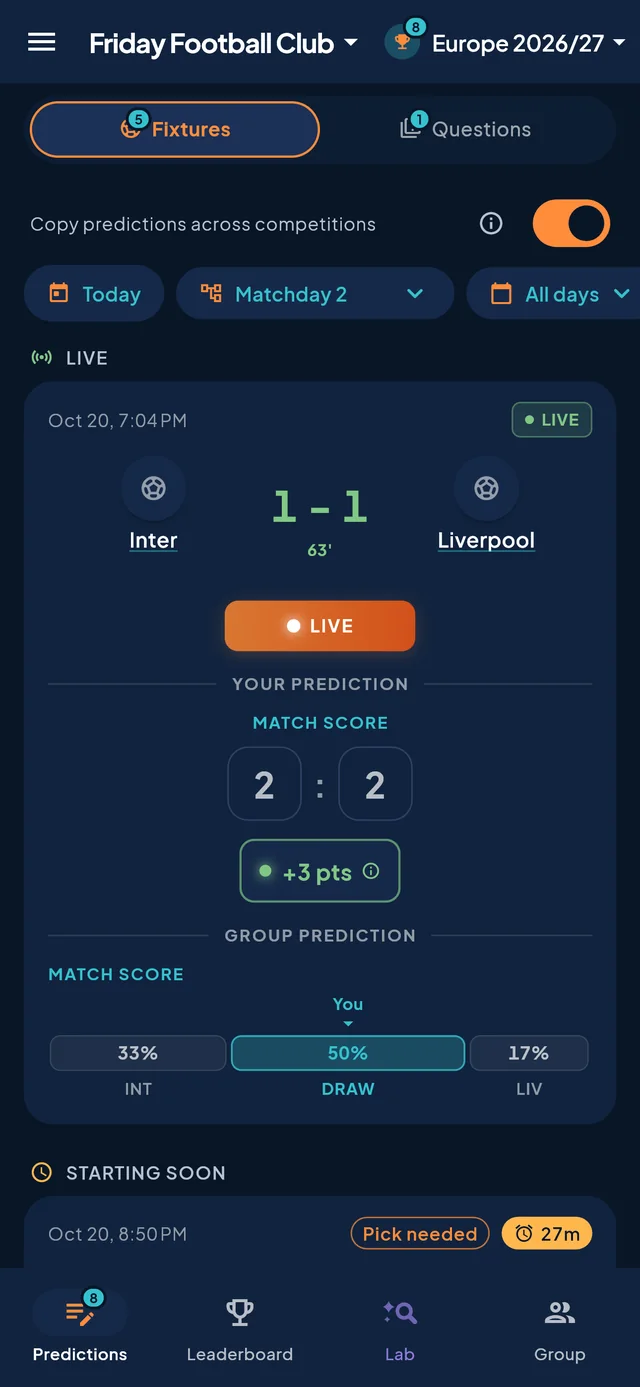 A live match: a 2-2 pick already earning points at 1-1