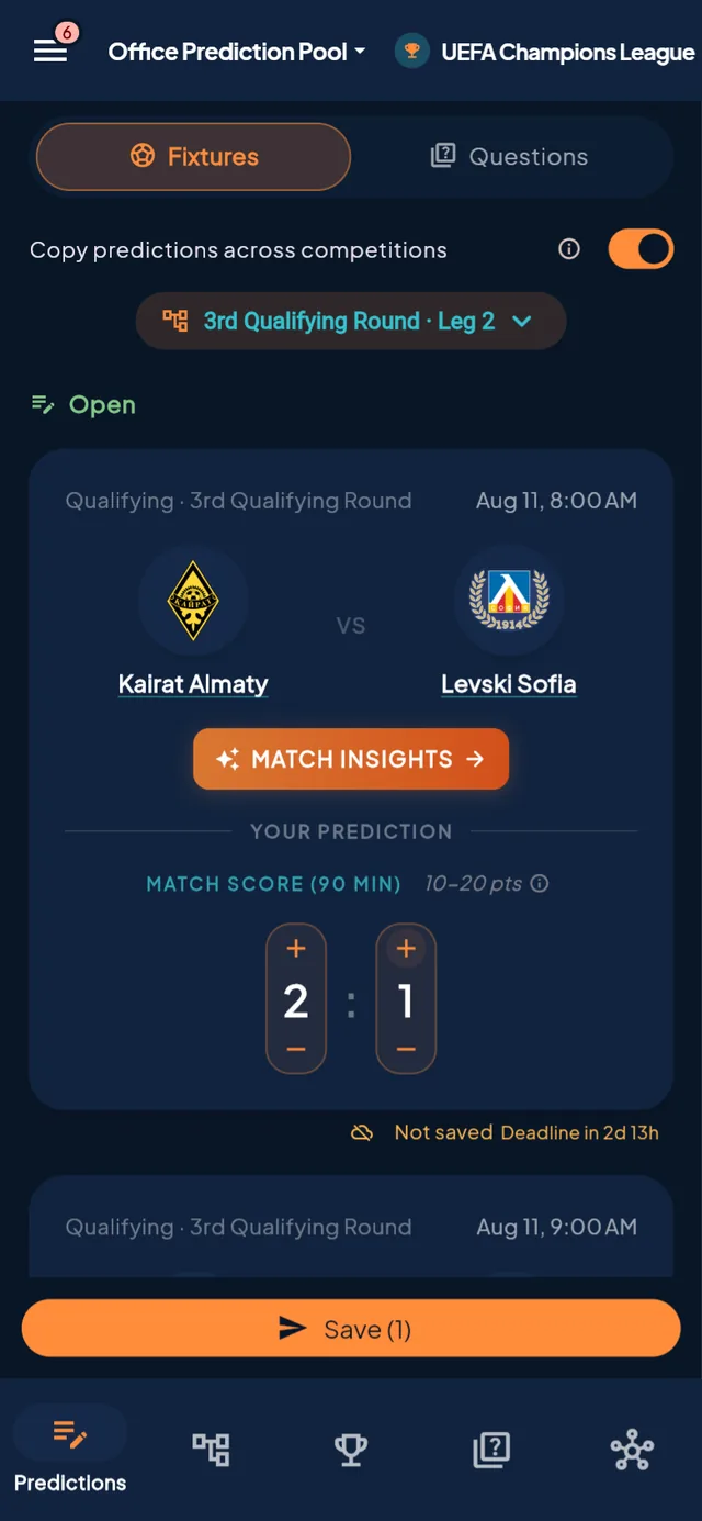 A prediction set to 2-1, ready to save