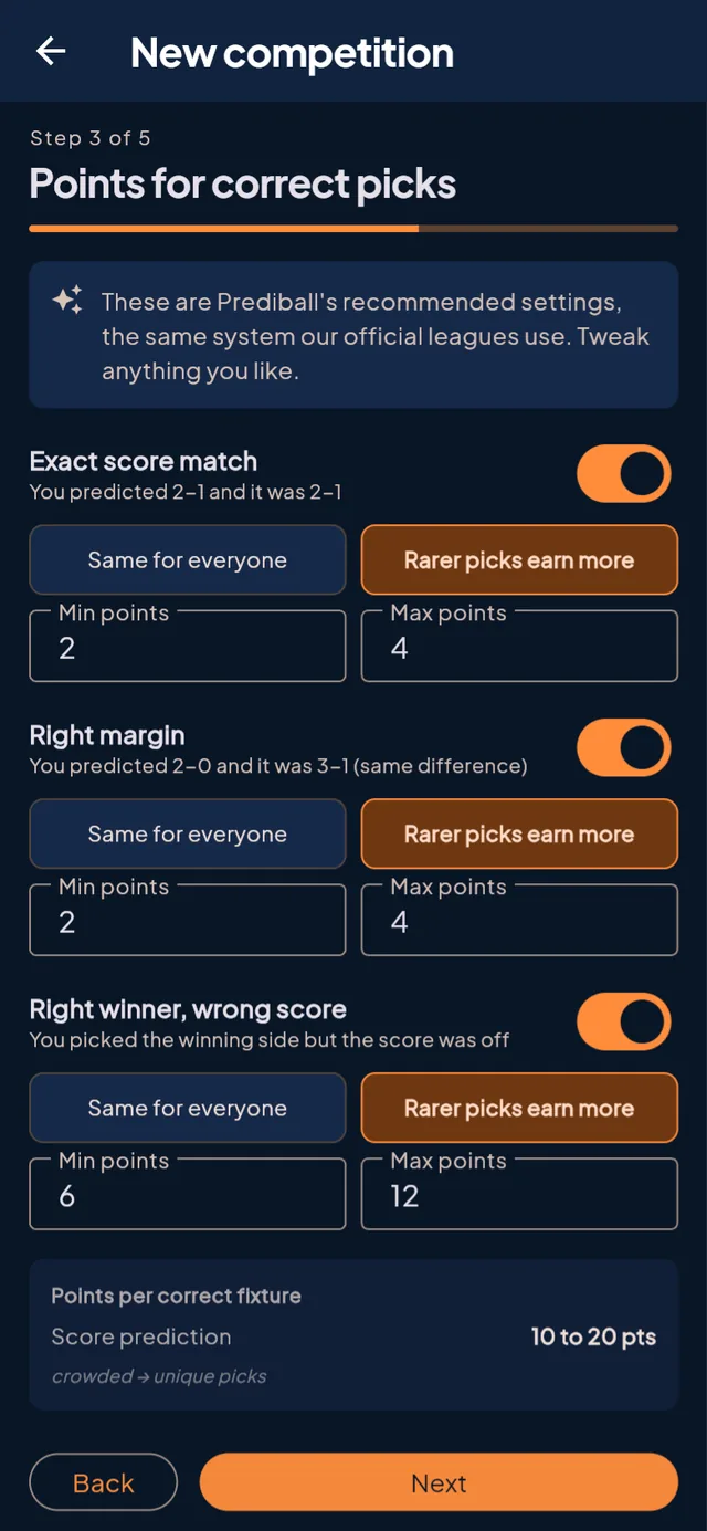 Step 3: points for correct picks with a live preview
